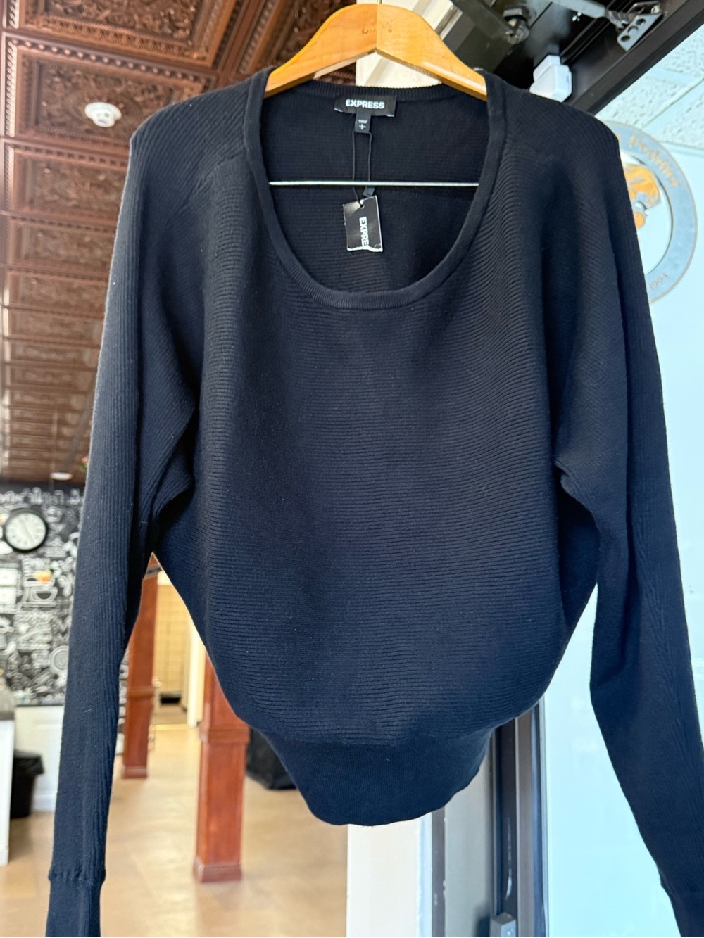 Express Black Ribbed Dolman Sweater Cropped Lightweight Knit Top Size XS